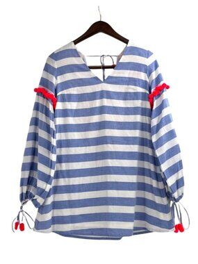 NWT Anthropologie Sundress XS/S Billie Dress Blue White Stripes Pom Poms Coastal